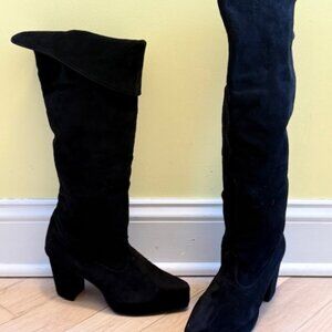 black suede over the knee boots with 3.5 inch heel and 1 inch platform.